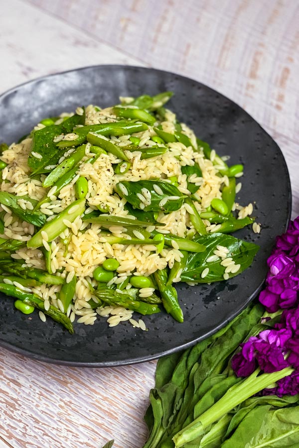 Beautiful shot of a rissoni rice salad with asparagus and edamame